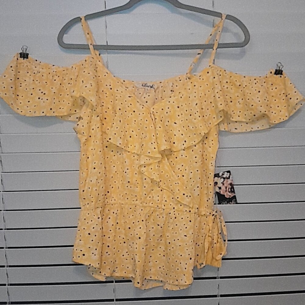 Hint Of Blush floral yellow top NEW size L off shoulder